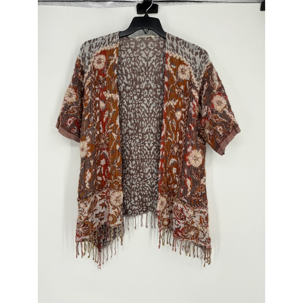 Soft Surroundings Cardigan Womens L Brown Floral Leopard Kimono Fringe Boho